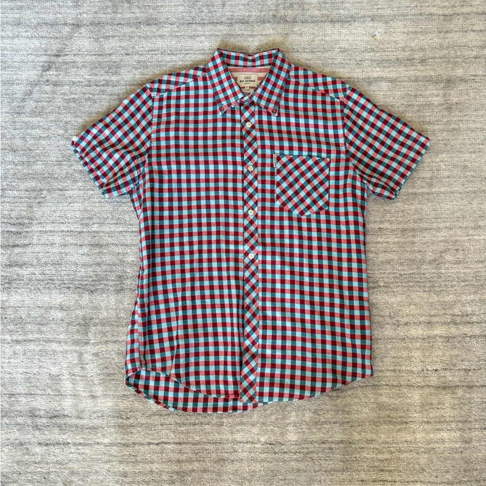 Ben Sherman Men’s Button-Up Shirt – Red & Teal Gingham Check